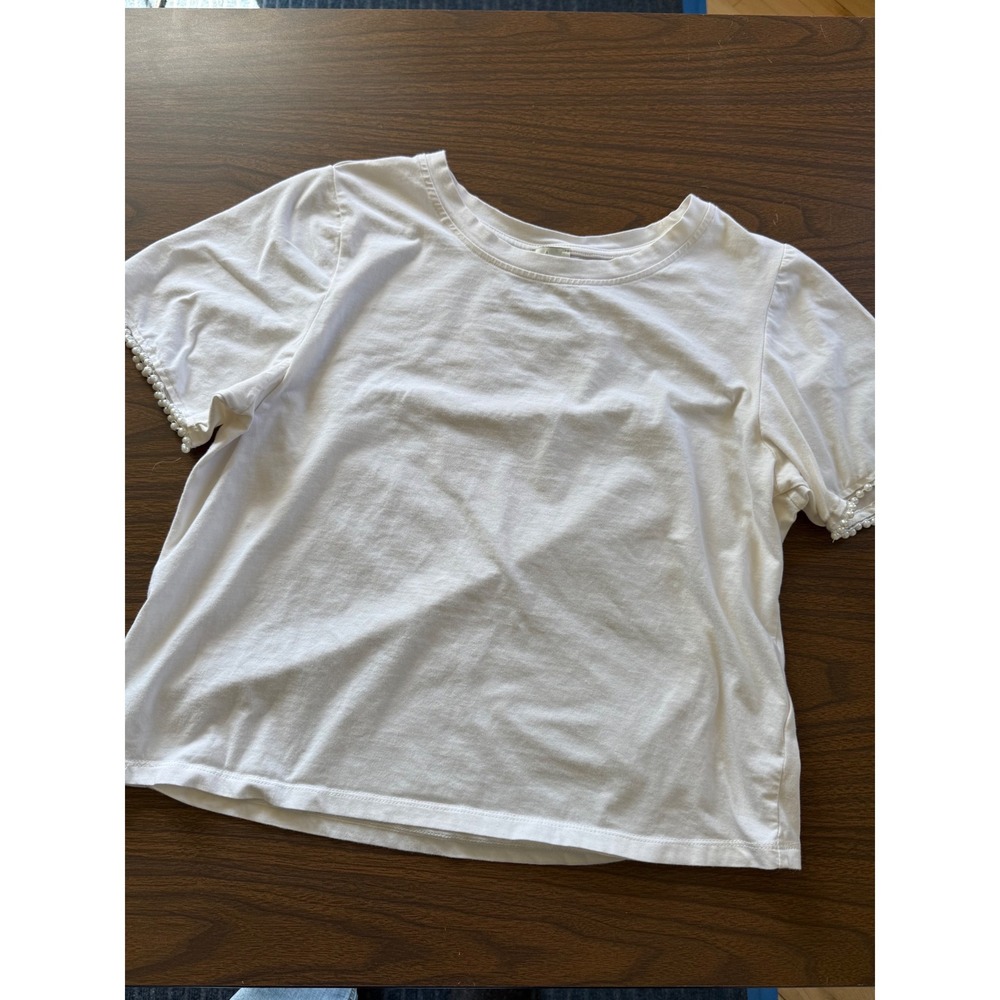 Joie Womens White Pearl Trim Short Sleeve T-Shirt Size Medium Relaxed Crew Neck